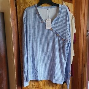 Brand New Casual Blue and White Striped With Gold Button Decoration Shirt
